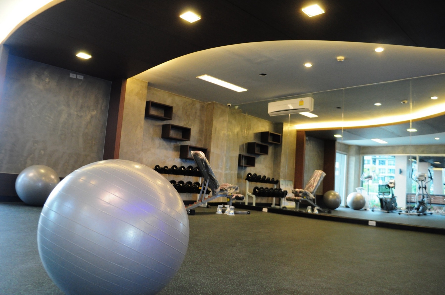 Fitness room with benches, dumbbells, exercise balls, and a mirrored wall